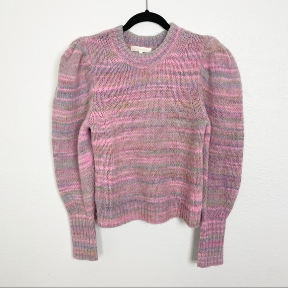 LoveShackFancy Aquarius Pullover Knit Sweater Crew Neck Long Puff Sleeve Pink - Picture 3 of 7
